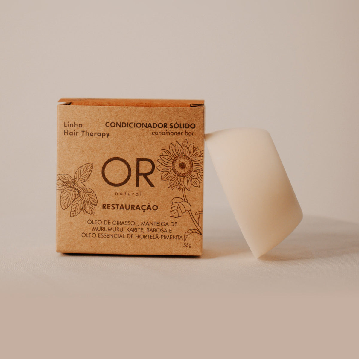 Condicionador sólido Restauração 55 g OR Natural: caixa e barra lado a lado