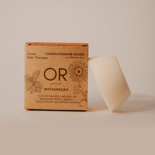 Condicionador sólido Restauração 55 g OR Natural: caixa e barra lado a lado