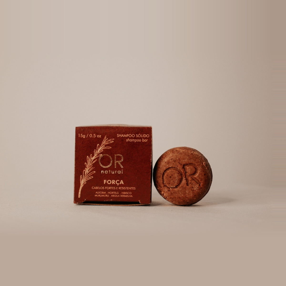 Mini Shampoo sólido Força 15 g OR Natural: caixa e barra lado a lado