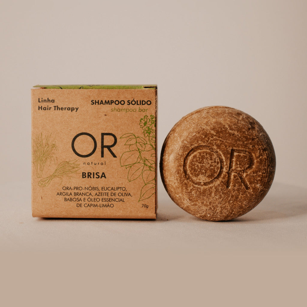 Shampoo sólido Brisa 70 g OR Natural: caixa e barra lado a lado