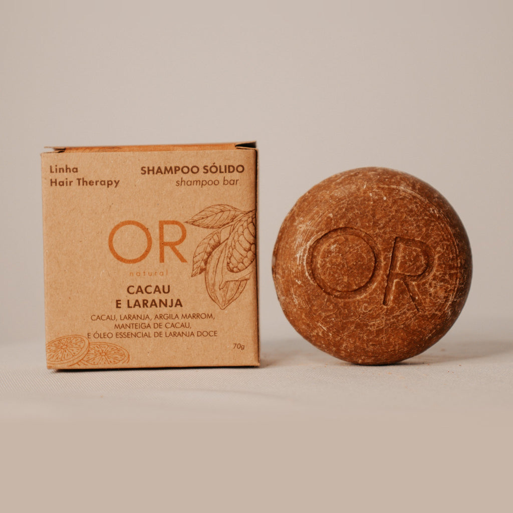Shampoo sólido Cacau 70 g OR Natural: caixa e barra lado a lado