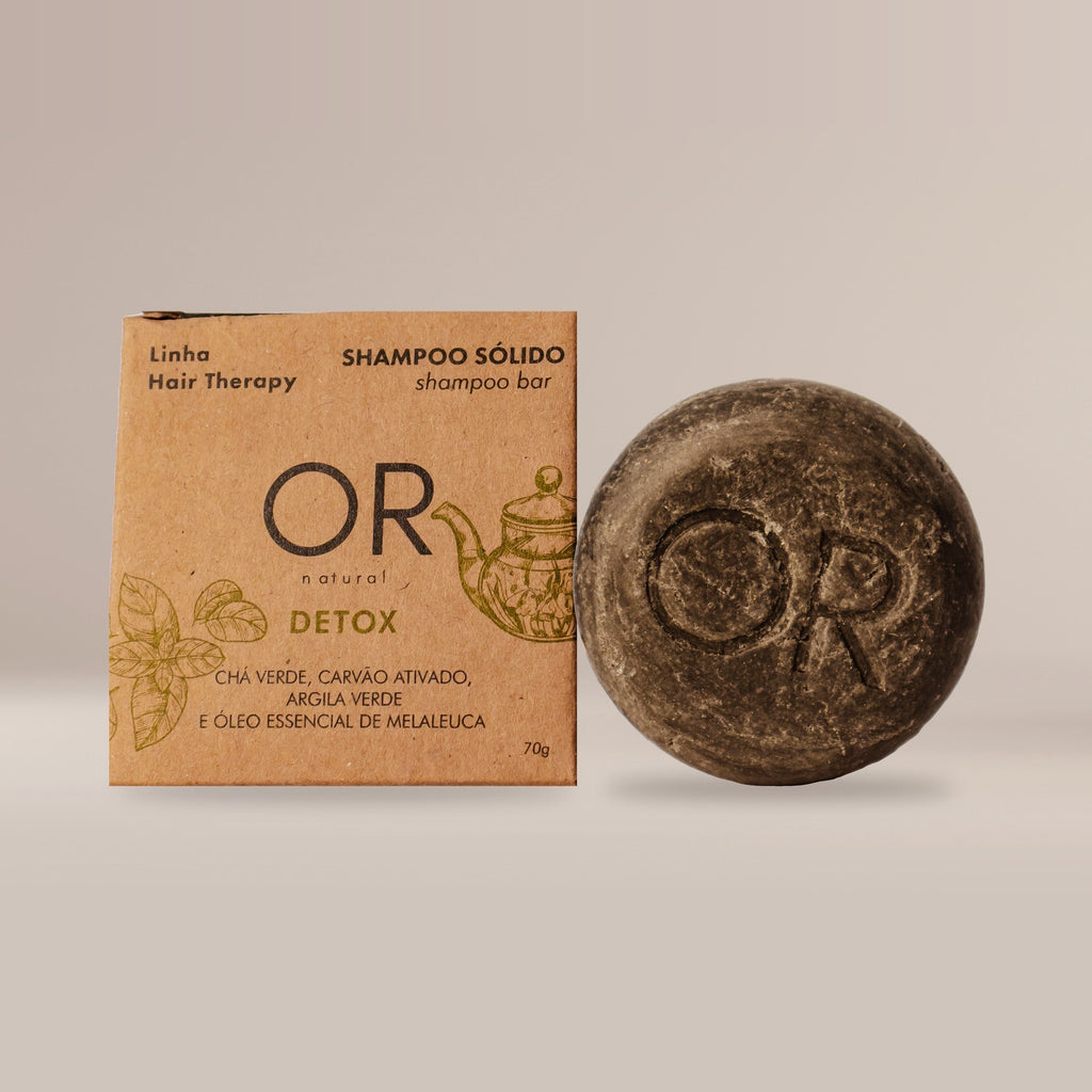Shampoo sólido Detox 70 g OR Natural, barra preta de carvão ativado: caixa e barra lado a lado