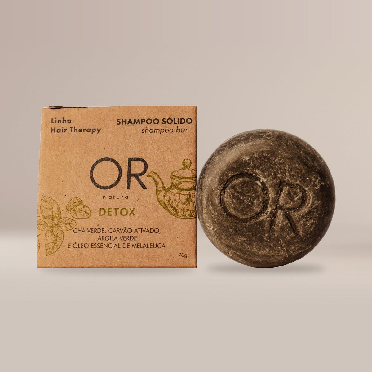 Shampoo sólido Detox 70 g OR Natural, barra preta de carvão ativado: caixa e barra lado a lado