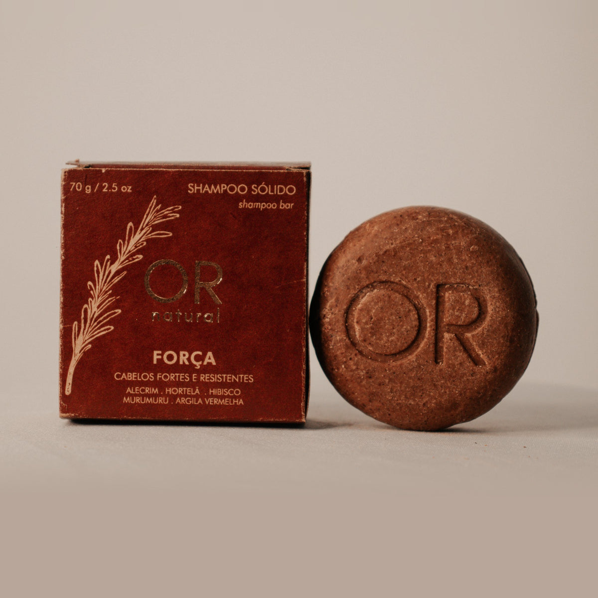 Shampoo sólido Força 70 g OR Natural: caixa e barra lado a lado