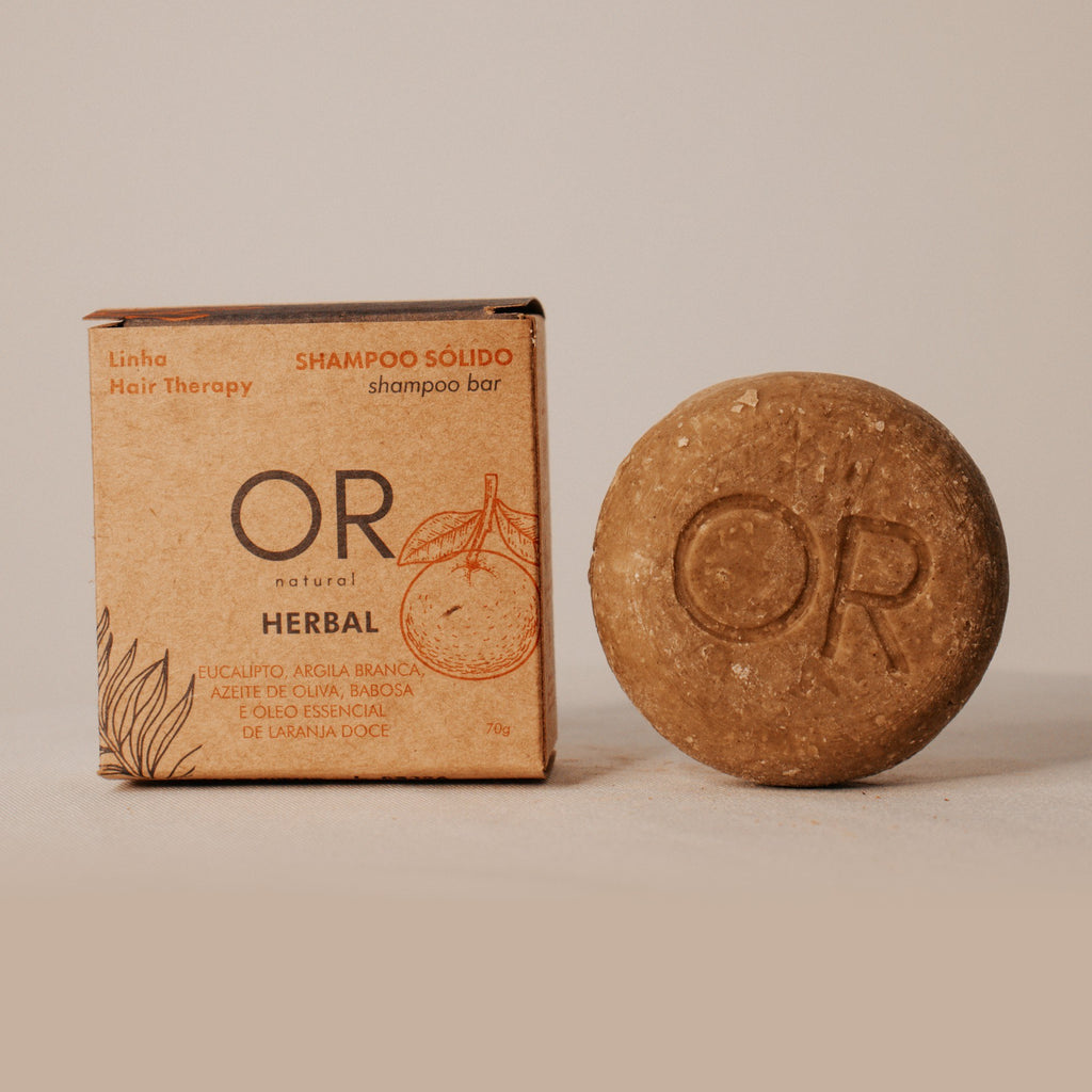 Shampoo sólido Herbal 70 g OR Natural: caixa e barra lado a lado